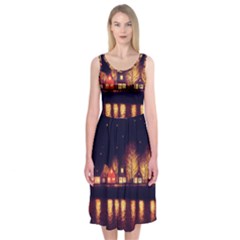 Night Houses River Bokeh Leaves Fall Autumn Midi Sleeveless Dress by danenraven