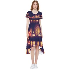 Night Houses River Bokeh Leaves Fall Autumn High Low Boho Dress by danenraven