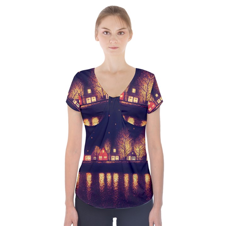 Night Houses River Bokeh Leaves Fall Autumn Short Sleeve Front Detail Top