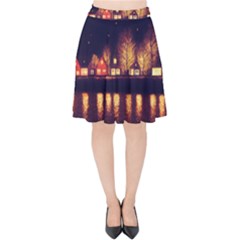 Night Houses River Bokeh Leaves Fall Autumn Velvet High Waist Skirt by danenraven