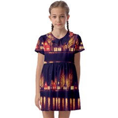 Night Houses River Bokeh Leaves Fall Autumn Kids  Asymmetric Collar Dress by danenraven