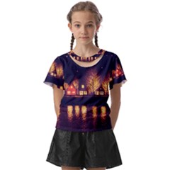 Night Houses River Bokeh Leaves Fall Autumn Kids  Front Cut Tee by danenraven