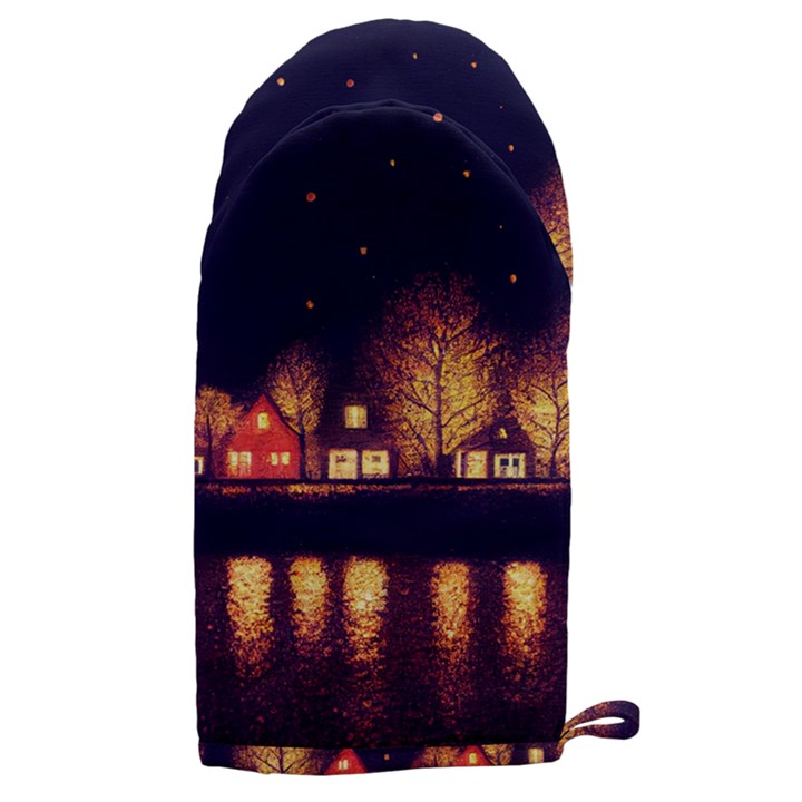 Night Houses River Bokeh Leaves Fall Autumn Microwave Oven Glove