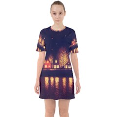 Night Houses River Bokeh Leaves Fall Autumn Sixties Short Sleeve Mini Dress by danenraven