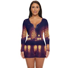 Night Houses River Bokeh Leaves Fall Autumn Long Sleeve Boyleg Swimsuit by danenraven