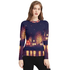 Night Houses River Bokeh Leaves Fall Autumn Women s Long Sleeve Rash Guard by danenraven