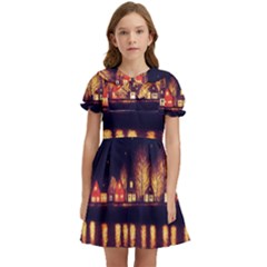 Night Houses River Bokeh Leaves Fall Autumn Kids  Bow Tie Puff Sleeve Dress by danenraven