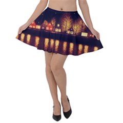 Night Houses River Bokeh Leaves Fall Autumn Velvet Skater Skirt