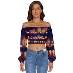 Night Houses River Bokeh Leaves Fall Autumn Long Sleeve Crinkled Weave Crop Top