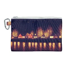 Night Houses River Bokeh Leaves Fall Autumn Canvas Cosmetic Bag (large) by danenraven