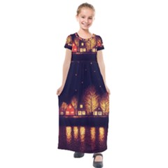 Night Houses River Bokeh Leaves Fall Autumn Kids  Short Sleeve Maxi Dress by danenraven