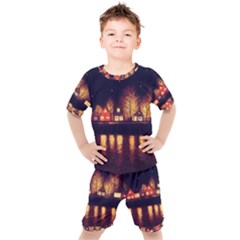 Night Houses River Bokeh Leaves Fall Autumn Kids  Tee And Shorts Set by danenraven