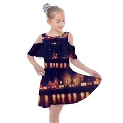 Night Houses River Bokeh Leaves Fall Autumn Kids  Shoulder Cutout Chiffon Dress by danenraven