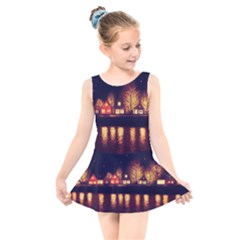 Night Houses River Bokeh Leaves Fall Autumn Kids  Skater Dress Swimsuit by danenraven