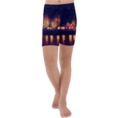 Night Houses River Bokeh Leaves Fall Autumn Kids  Lightweight Velour Capri Yoga Leggings by danenraven