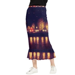 Night Houses River Bokeh Leaves Fall Autumn Maxi Fishtail Chiffon Skirt by danenraven