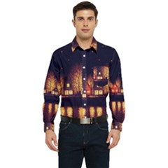 Night Houses River Bokeh Leaves Fall Autumn Men s Long Sleeve Pocket Shirt  by danenraven