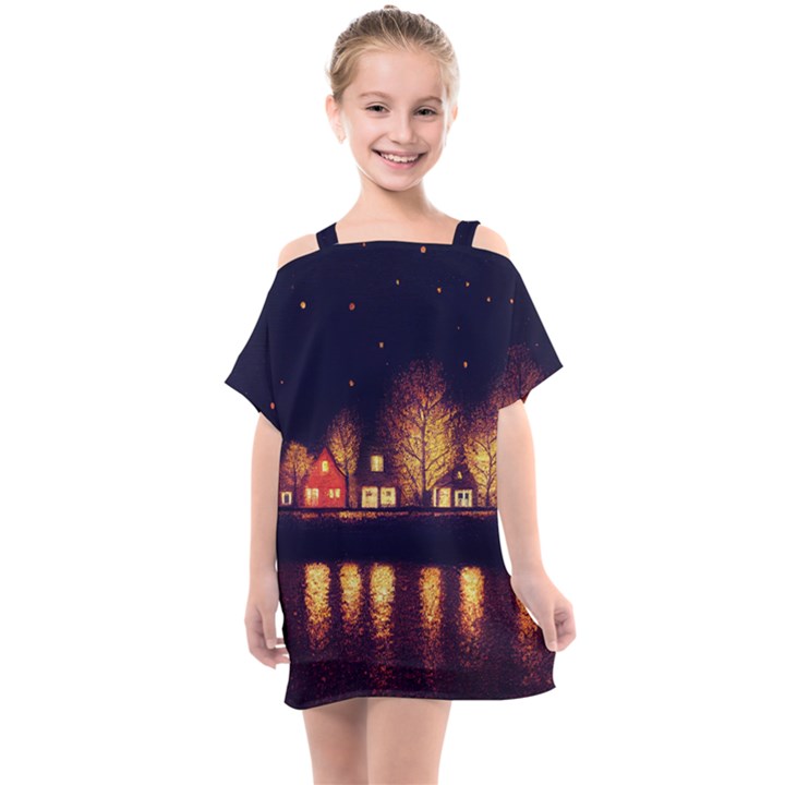 Night Houses River Bokeh Leaves Fall Autumn Kids  One Piece Chiffon Dress