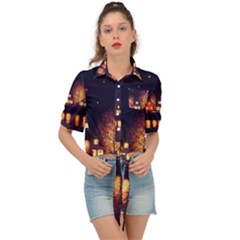 Night Houses River Bokeh Leaves Fall Autumn Tie Front Shirt  by danenraven