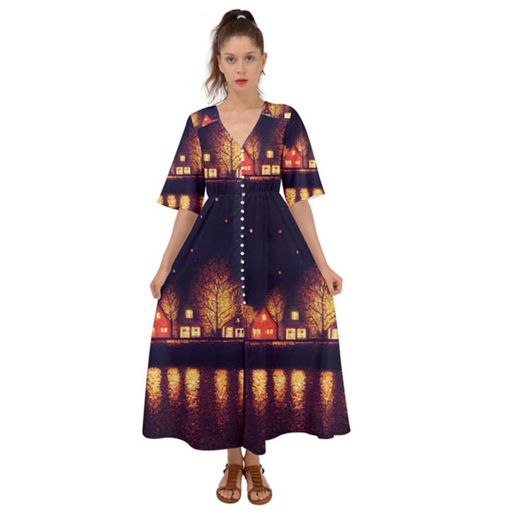 Night Houses River Bokeh Leaves Fall Autumn Kimono Sleeve Boho Dress