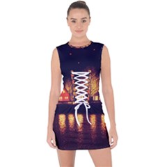 Night Houses River Bokeh Leaves Fall Autumn Lace Up Front Bodycon Dress by danenraven