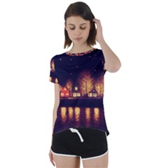 Night Houses River Bokeh Leaves Fall Autumn Short Sleeve Open Back Tee by danenraven