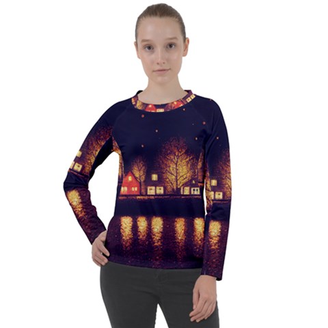 Night Houses River Bokeh Leaves Fall Autumn Women s Long Sleeve Raglan Tee by danenraven