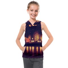 Night Houses River Bokeh Leaves Fall Autumn Kids  Sleeveless Hoodie by danenraven