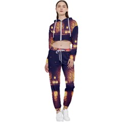 Night Houses River Bokeh Leaves Fall Autumn Cropped Zip Up Lounge Set by danenraven