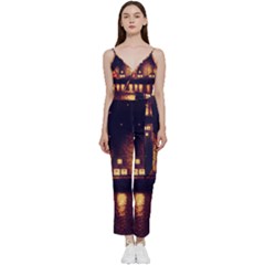 Night Houses River Bokeh Leaves Fall Autumn V-neck Spaghetti Strap Tie Front Jumpsuit