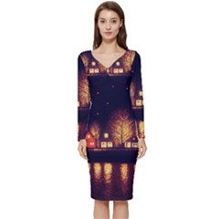 Night Houses River Bokeh Leaves Fall Autumn Long Sleeve V-neck Bodycon Dress  by danenraven