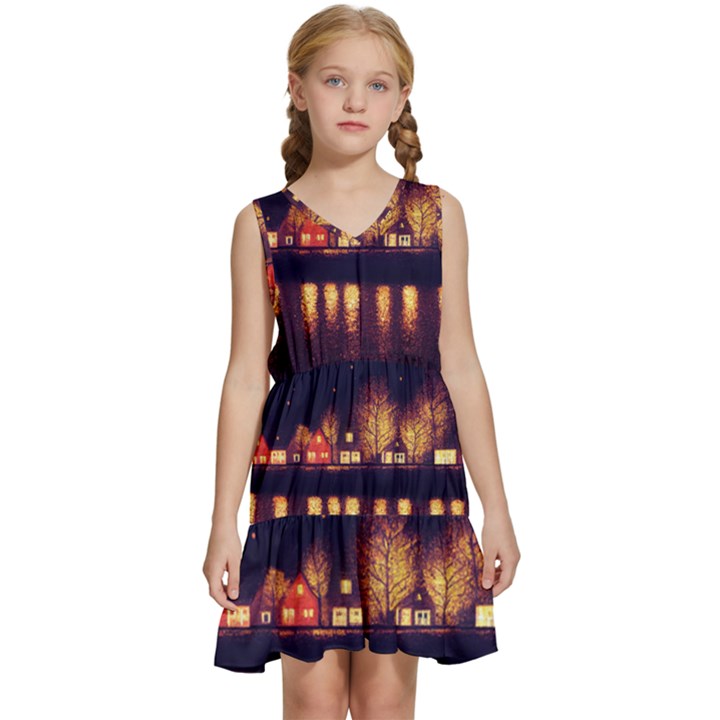 Night Houses River Bokeh Leaves Fall Autumn Kids  Sleeveless Tiered Mini Dress