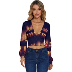 Night Houses River Bokeh Leaves Fall Autumn Long Sleeve Deep-v Velour Top