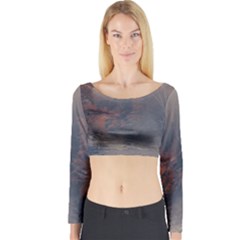 Morning River Forest Autumn Misty Morning Stream Long Sleeve Crop Top by danenraven