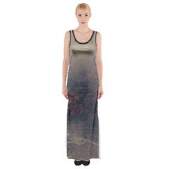 Morning River Forest Autumn Misty Morning Stream Thigh Split Maxi Dress by danenraven