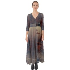 Morning River Forest Autumn Misty Morning Stream Button Up Boho Maxi Dress by danenraven