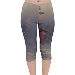 Morning River Forest Autumn Misty Morning Stream Velvet Capri Leggings  by danenraven