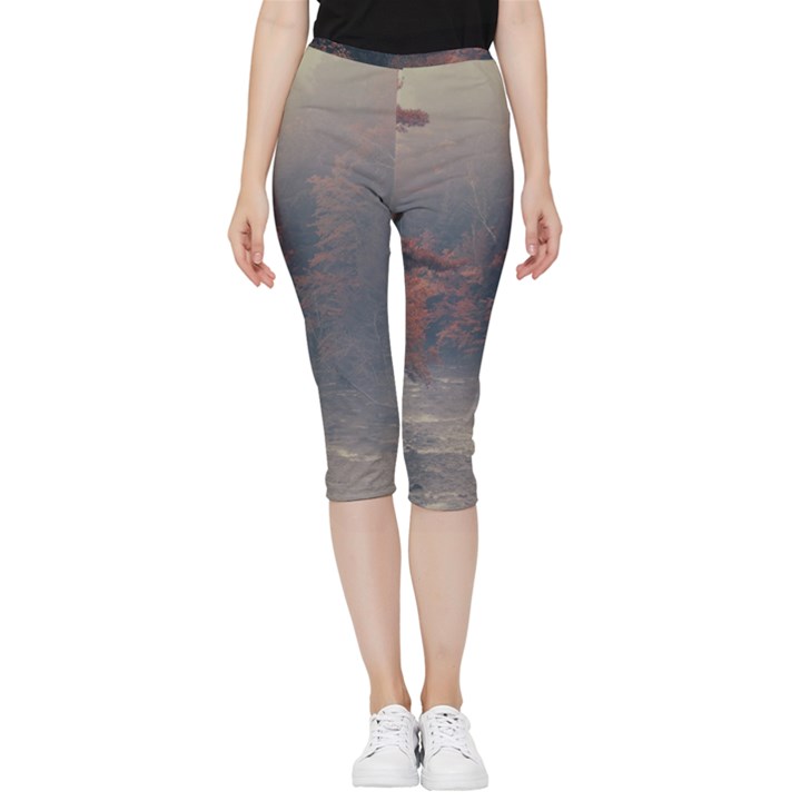 Morning River Forest Autumn Misty Morning Stream Inside Out Lightweight Velour Capri Leggings 