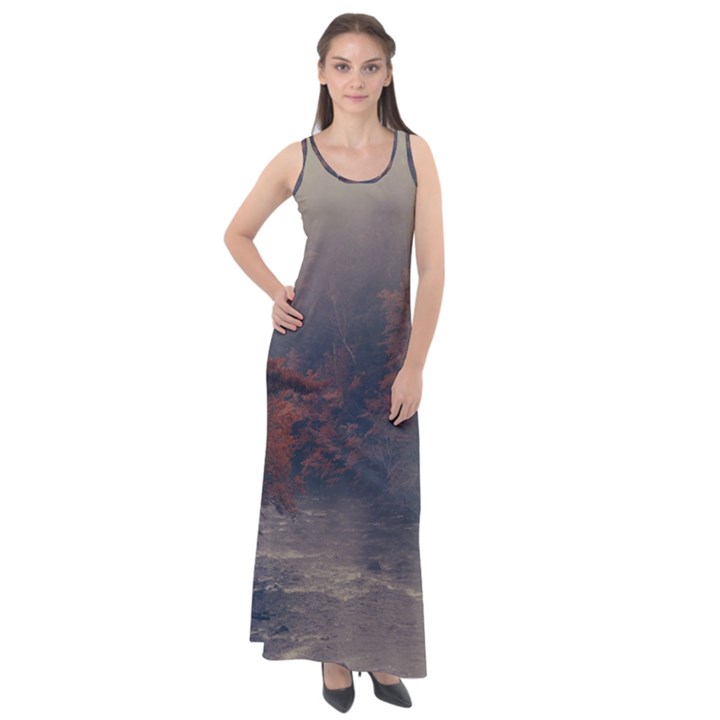 Morning River Forest Autumn Misty Morning Stream Sleeveless Velour Maxi Dress