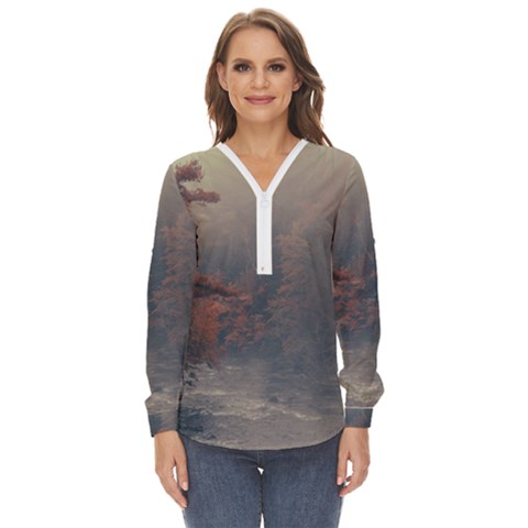 Morning River Forest Autumn Misty Morning Stream Zip Up Long Sleeve Blouse by danenraven