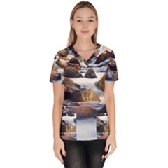 River Nature Stream Brook Water Rocks Landscape Women s V-neck Scrub Top