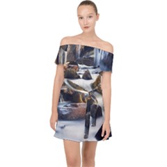 River Nature Stream Brook Water Rocks Landscape Off Shoulder Chiffon Dress by danenraven