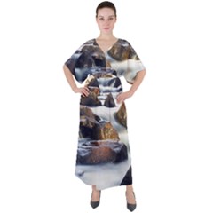 River Nature Stream Brook Water Rocks Landscape V-neck Boho Style Maxi Dress by danenraven