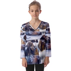 River Nature Stream Brook Water Rocks Landscape Kids  V Neck Casual Top