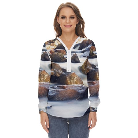 River Nature Stream Brook Water Rocks Landscape Zip Up Long Sleeve Blouse by danenraven