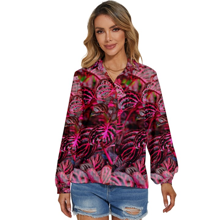 Red Leaves Plant Nature Leaves Flora Foliage Women s Long Sleeve Button Down Shirt