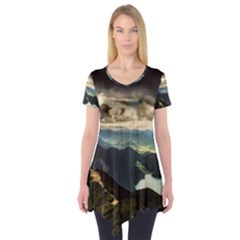 Mountains Sky Clouds Sunset Peak Overlook River Short Sleeve Tunic  by danenraven