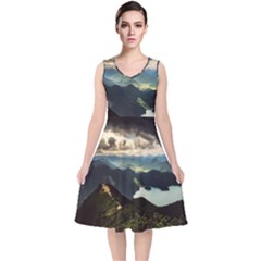 Mountains Sky Clouds Sunset Peak Overlook River V-neck Midi Sleeveless Dress  by danenraven