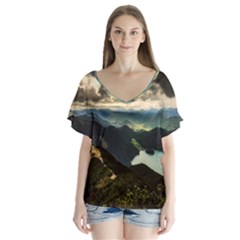 Mountains Sky Clouds Sunset Peak Overlook River V-neck Flutter Sleeve Top by danenraven