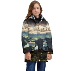 Mountains Sky Clouds Sunset Peak Overlook River Kid s Hooded Longline Puffer Jacket by danenraven